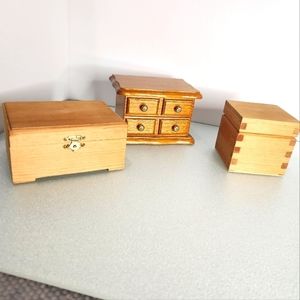 Lot 3 small wooden‎ jewelry boxes velvet lined w drawers raw wood w latch hinged